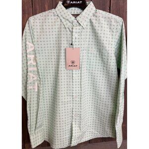 Ariat Boys Large Western Long Sleeve Button Down Shirt NEW Spell Out Logo Green